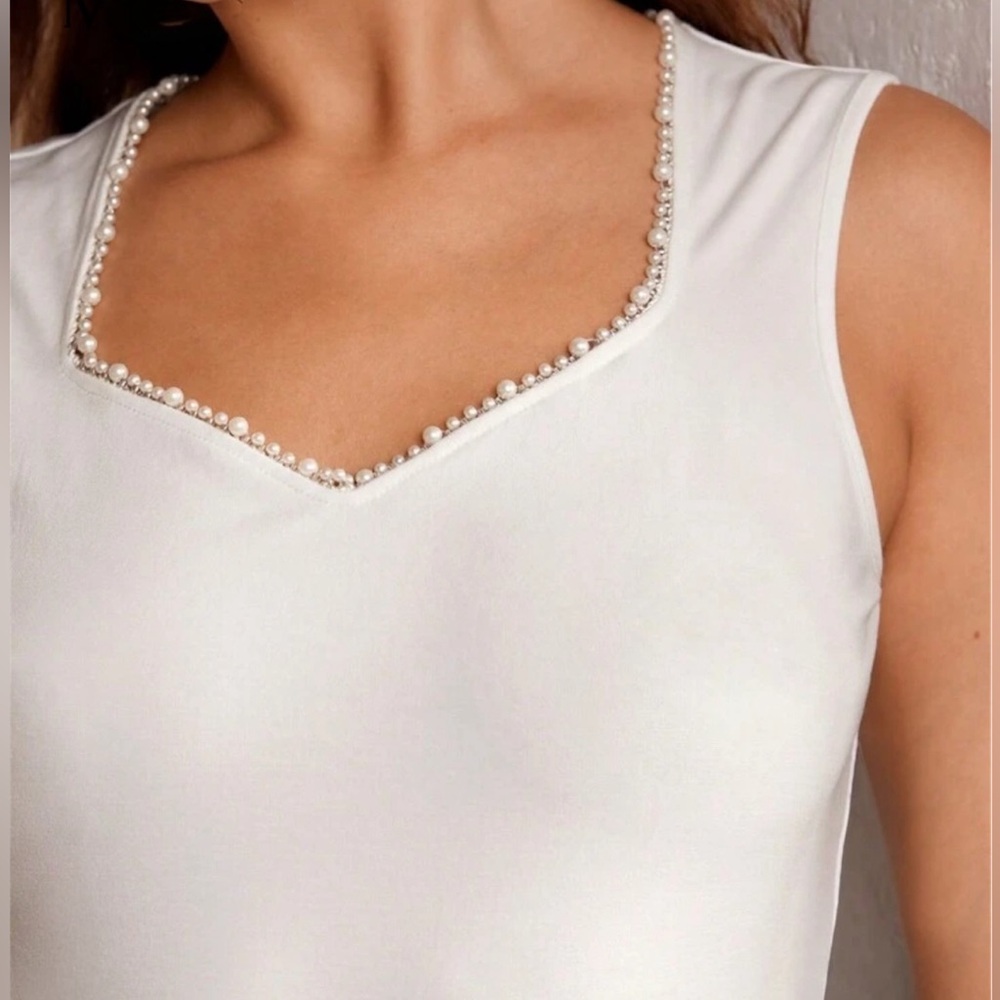 Pearl trim top sleevesless tank rhinestone beaded neckline stretch white spring - Picture 2 of 11